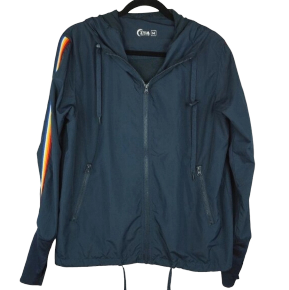 Zyia Active Navy Blue Nylon Rainbow Sleeve Full Zip Hooded Jacket‎ Size Medium